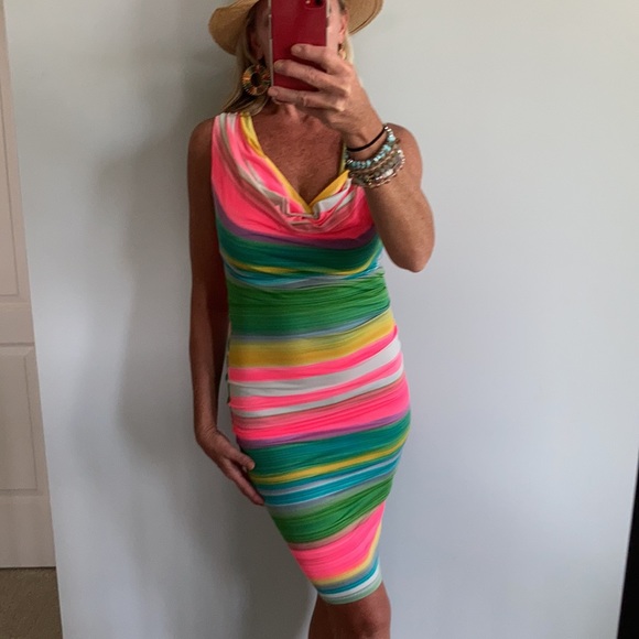 Striped, Draped Neck Fitted Dress - Picture 4 of 16